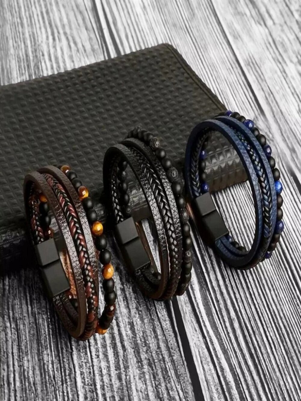 Men's Layered Braided Leather Beaded Bracelet With Tiger Eye Natural Stone